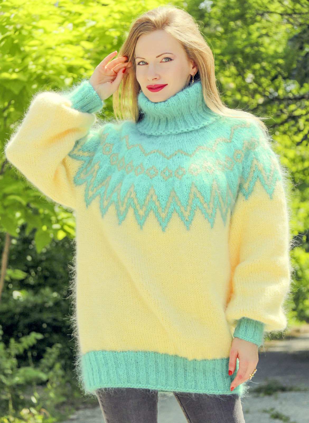 Unique yellow green mohair sweater with Nordic pattern, ready to ship ...