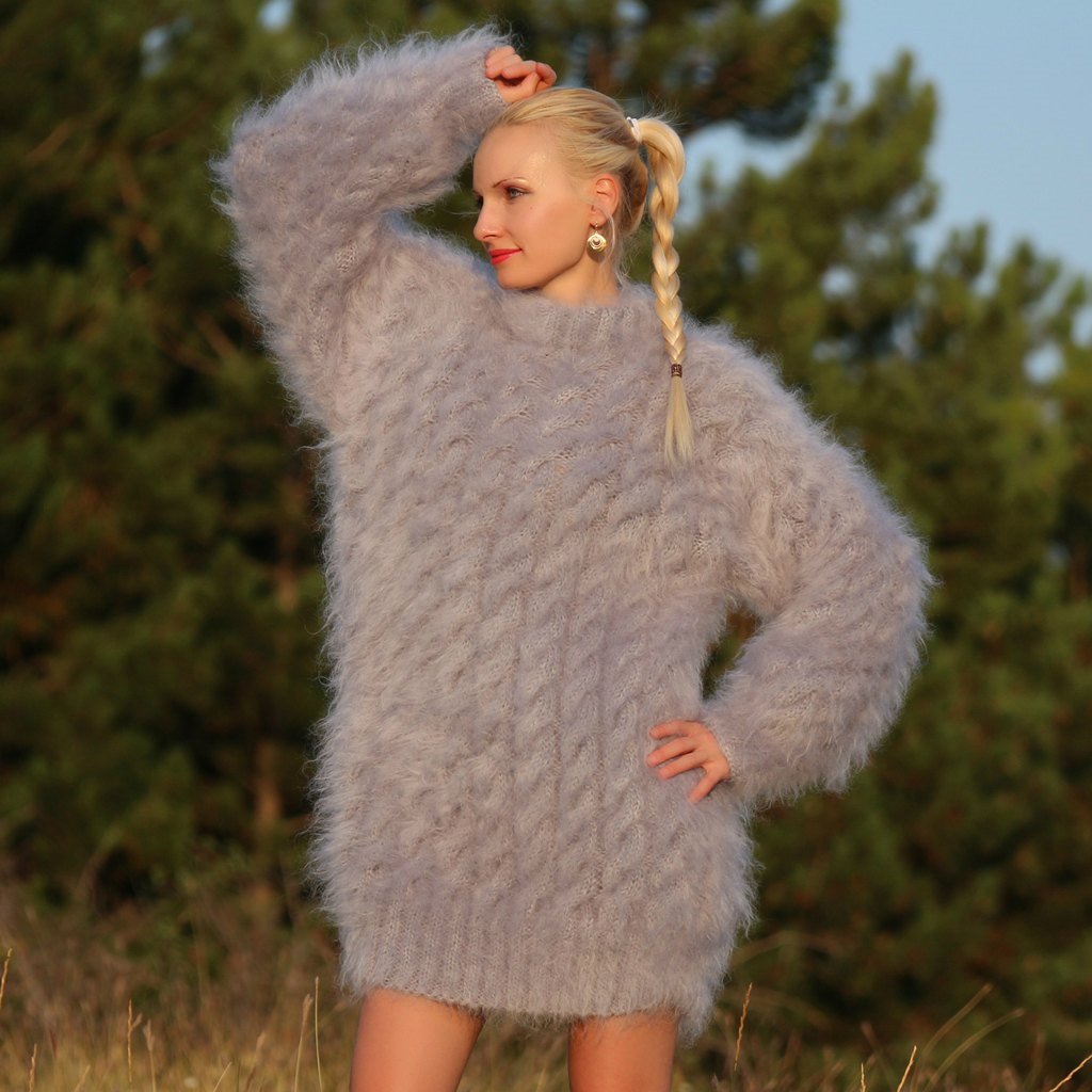 Fuzzy cable knit mohair sweater in grey by SuperTanya – SuperTanya